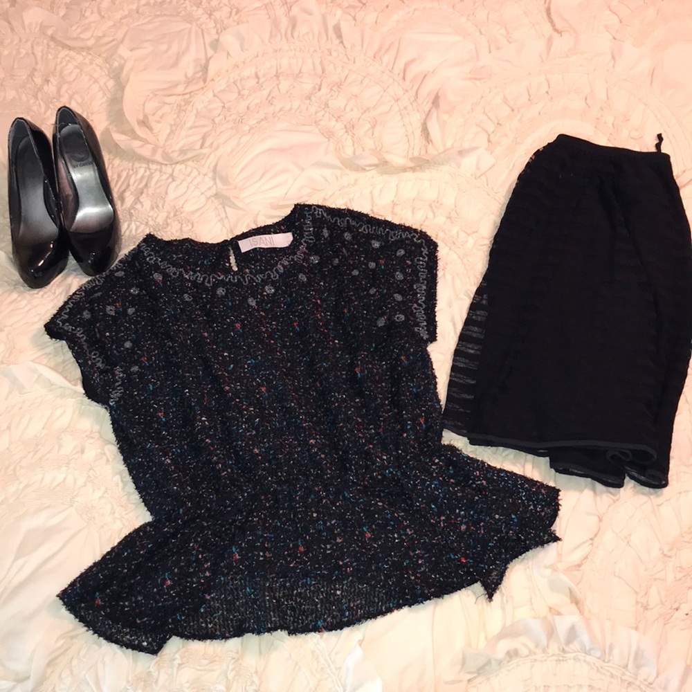 Anthropologie Speckled Black Peplum Blouse Sz Lg
